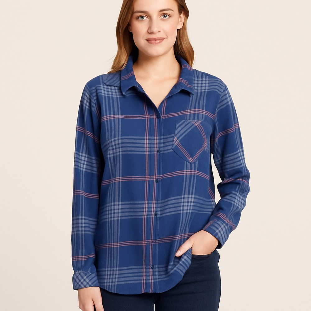 EUC Orvis Women’s Navy Blue & Pink Plaid Flannel Button-Down Shirt XL